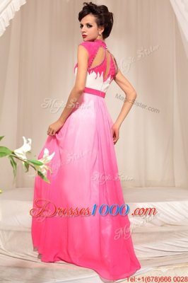 Cheap Hot Pink Empire Beading Prom Party Dress Zipper Chiffon Sleeveless Floor Length