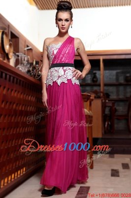 One Shoulder Sleeveless Beading and Appliques and Ruching Side Zipper Evening Dress