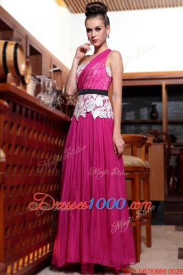 One Shoulder Sleeveless Beading and Appliques and Ruching Side Zipper Evening Dress