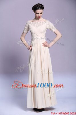 Fashionable Chiffon Bateau Sleeveless Zipper Beading and Appliques and Ruching Prom Gown in Champagne