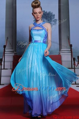 Fantastic Scoop Blue Sleeveless Beading and Belt Floor Length Dress for Prom