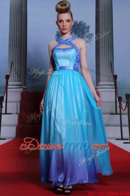 Fantastic Scoop Blue Sleeveless Beading and Belt Floor Length Dress for Prom