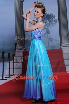 Fantastic Scoop Blue Sleeveless Beading and Belt Floor Length Dress for Prom