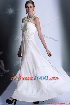 Simple Scoop White Empire Beading and Hand Made Flower Prom Party Dress Zipper Chiffon Sleeveless Floor Length