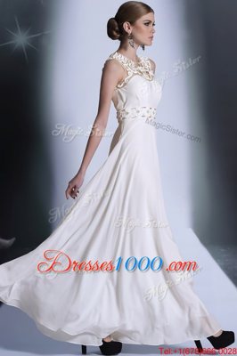 Simple Scoop White Empire Beading and Hand Made Flower Prom Party Dress Zipper Chiffon Sleeveless Floor Length