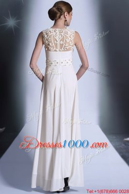 Simple Scoop White Empire Beading and Hand Made Flower Prom Party Dress Zipper Chiffon Sleeveless Floor Length