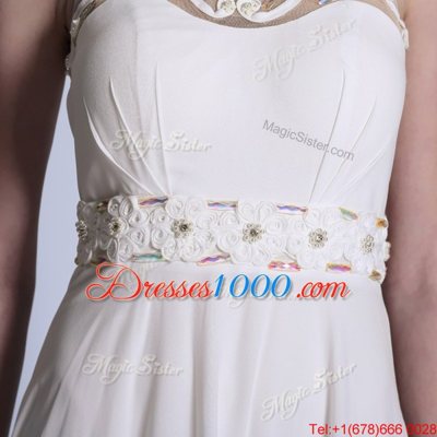 Simple Scoop White Empire Beading and Hand Made Flower Prom Party Dress Zipper Chiffon Sleeveless Floor Length