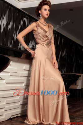 V-neck Sleeveless Dress for Prom Floor Length Beading and Ruching Brown Satin