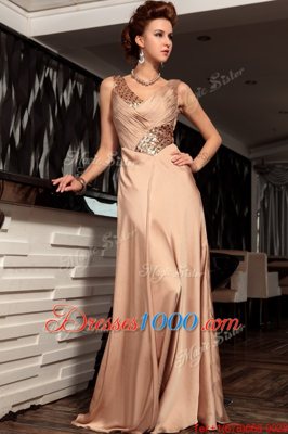 V-neck Sleeveless Dress for Prom Floor Length Beading and Ruching Brown Satin