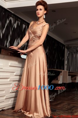 V-neck Sleeveless Dress for Prom Floor Length Beading and Ruching Brown Satin