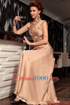 V-neck Sleeveless Dress for Prom Floor Length Beading and Ruching Brown Satin