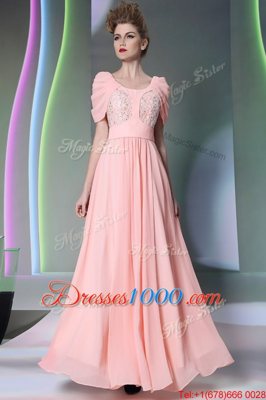 Sweet Scoop Baby Pink Side Zipper Prom Dress Beading Cap Sleeves Floor Length