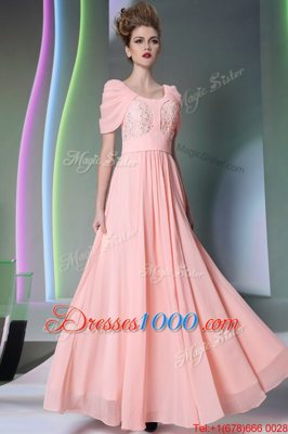 Sweet Scoop Baby Pink Side Zipper Prom Dress Beading Cap Sleeves Floor Length