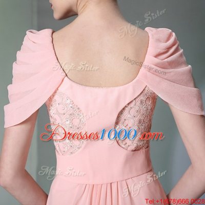 Sweet Scoop Baby Pink Side Zipper Prom Dress Beading Cap Sleeves Floor Length