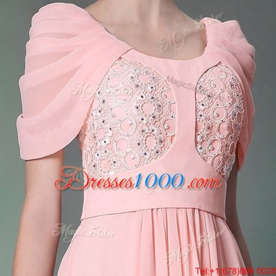 Sweet Scoop Baby Pink Side Zipper Prom Dress Beading Cap Sleeves Floor Length