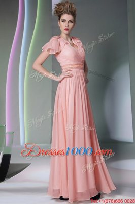 Admirable Pink V-neck Side Zipper Beading and Ruching Cap Sleeves