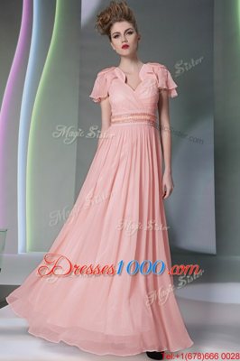 Admirable Pink V-neck Side Zipper Beading and Ruching Cap Sleeves