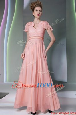 Admirable Pink V-neck Side Zipper Beading and Ruching Cap Sleeves