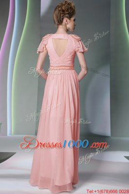 Admirable Pink V-neck Side Zipper Beading and Ruching Cap Sleeves