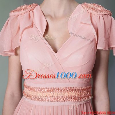 Admirable Pink V-neck Side Zipper Beading and Ruching Cap Sleeves