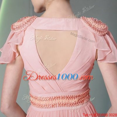 Admirable Pink V-neck Side Zipper Beading and Ruching Cap Sleeves