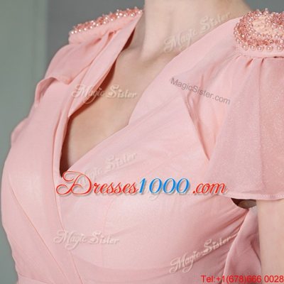 Admirable Pink V-neck Side Zipper Beading and Ruching Cap Sleeves