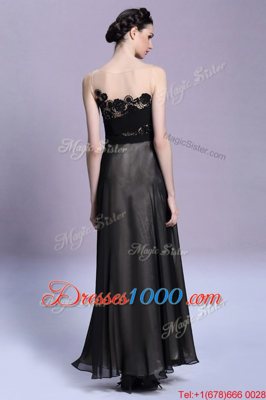 Black Scoop Neckline Appliques Prom Evening Gown Sleeveless Side Zipper