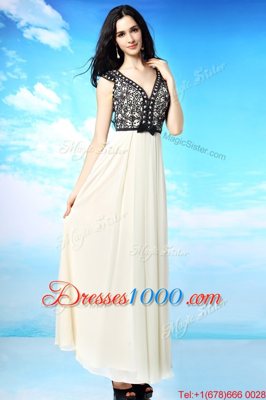 White And Black Side Zipper Evening Dress Appliques and Bowknot Cap Sleeves Ankle Length