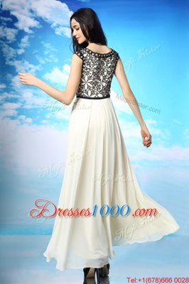 White And Black Side Zipper Evening Dress Appliques and Bowknot Cap Sleeves Ankle Length