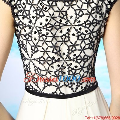 White And Black Side Zipper Evening Dress Appliques and Bowknot Cap Sleeves Ankle Length