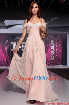 Artistic Spaghetti Straps Short Sleeves Homecoming Dress Floor Length Beading and Ruching Pink Chiffon