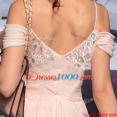 Artistic Spaghetti Straps Short Sleeves Homecoming Dress Floor Length Beading and Ruching Pink Chiffon