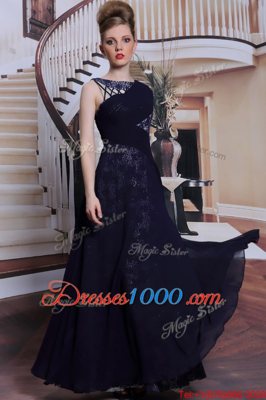 Navy Blue Side Zipper Bateau Lace Prom Dresses Chiffon Sleeveless