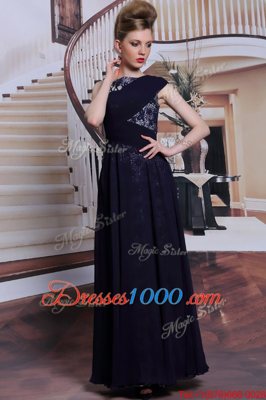 Navy Blue Side Zipper Bateau Lace Prom Dresses Chiffon Sleeveless