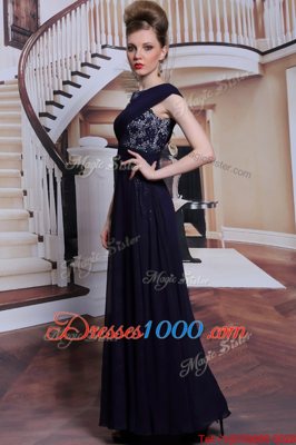 Navy Blue Side Zipper Bateau Lace Prom Dresses Chiffon Sleeveless