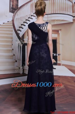 Navy Blue Side Zipper Bateau Lace Prom Dresses Chiffon Sleeveless