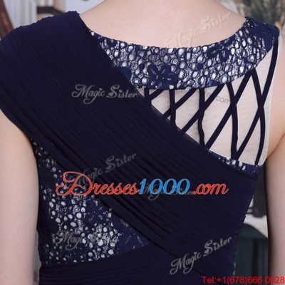 Navy Blue Side Zipper Bateau Lace Prom Dresses Chiffon Sleeveless