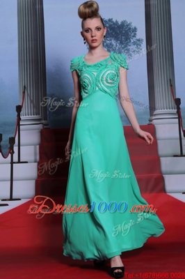 Floor Length Green Homecoming Dress Scoop Cap Sleeves Side Zipper