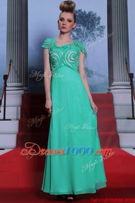 Floor Length Green Homecoming Dress Scoop Cap Sleeves Side Zipper