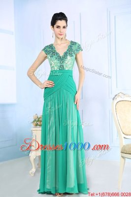 Low Price Turquoise Cap Sleeves With Train Beading and Lace and Ruching Side Zipper Prom Evening Gown