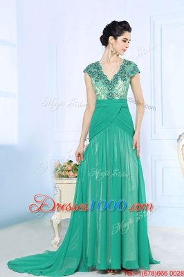 Low Price Turquoise Cap Sleeves With Train Beading and Lace and Ruching Side Zipper Prom Evening Gown