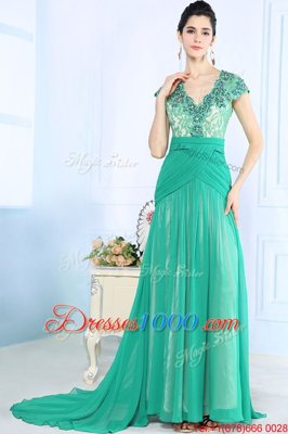 Low Price Turquoise Cap Sleeves With Train Beading and Lace and Ruching Side Zipper Prom Evening Gown