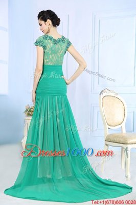 Low Price Turquoise Cap Sleeves With Train Beading and Lace and Ruching Side Zipper Prom Evening Gown