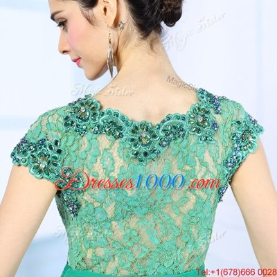 Low Price Turquoise Cap Sleeves With Train Beading and Lace and Ruching Side Zipper Prom Evening Gown