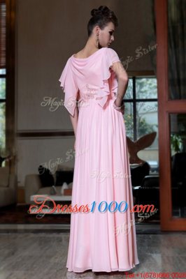 Pink Side Zipper Prom Dresses Beading and Ruching Cap Sleeves Ankle Length