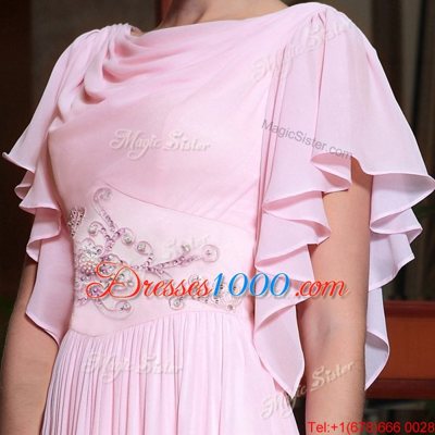 Pink Side Zipper Prom Dresses Beading and Ruching Cap Sleeves Ankle Length