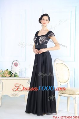 Black Cap Sleeves Beading Floor Length