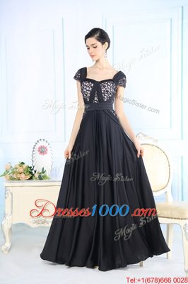 Black Cap Sleeves Beading Floor Length