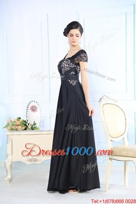 Black Cap Sleeves Beading Floor Length