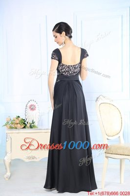 Black Cap Sleeves Beading Floor Length